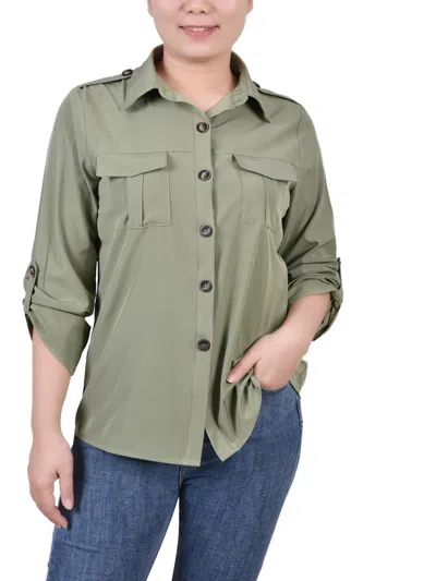 Ny Collection Petites Womens Collared Pocket Button-down Top In Green