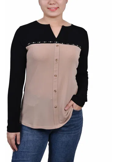 NY COLLECTION PETITES WOMENS COLORBLOCK EMBELLISHED BLOUSE