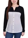 Ny Collection Plus Size Long Sleeve Studded Colorblocked Split Neck Top In White