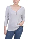 Ny Collection Petite Long Sleeve Ribbed Henley Top In Purple