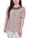 NY COLLECTION PETITES WOMENS CREWNECK PRINTED BLOUSE