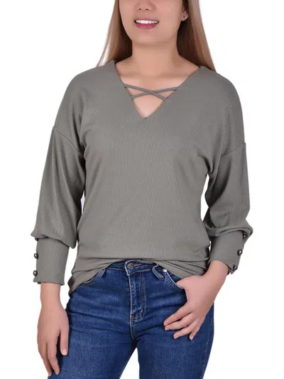 Ny Collection Petites Womens Criss-cross Textured Pullover Top In Grey