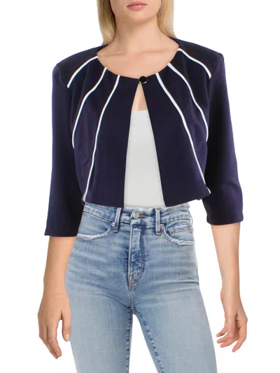 Ny Collection Petites Womens Cropped Piping Bolero In Blue
