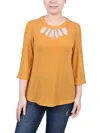 Ny Collection Women's 3/4 Sleeve Top With Neckline Cutouts And Stones In Gold
