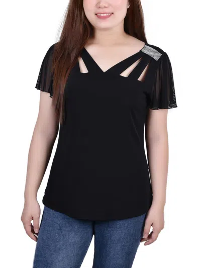Ny Collection Petites Womens Cutout Mesh Inset Blouse In Black