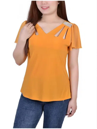Ny Collection Petites Womens Cutout Mesh Inset Blouse In Orange