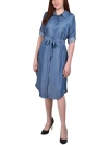 NY COLLECTION PETITES WOMENS DENIM ROLL SLEEVES SHIRTDRESS