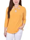 Ny Collection Plus Size 3/4 Sleeve Knit Crepe Studded Keyhole Top In Gold
