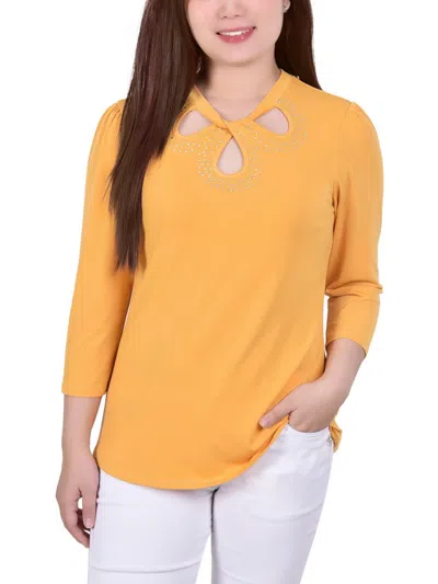NY COLLECTION PETITES WOMENS EMBELLISHED TWIST-NECK BLOUSE