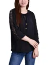 Ny Collection Petites Womens Eylett Sleeves Tie Neck Pullover Top In Blue
