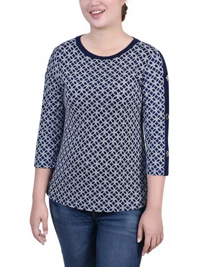 Ny Collection Petites Womens Grommet Crewneck Blouse In Blue