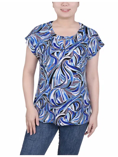 Ny Collection Petite Grommet Neck Knit Short Extended Sleeve Top In Blue White Black Pucci
