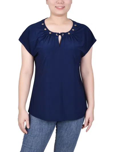 Ny Collection Petite Grommet Neck Knit Short Extended Sleeve Top In Navy