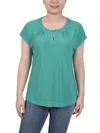Ny Collection Petite Grommet Neck Knit Short Extended Sleeve Top In Green