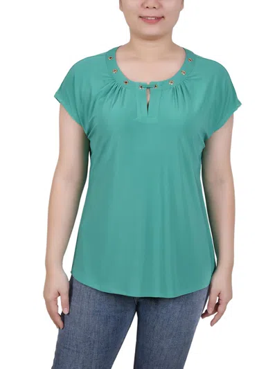 Ny Collection Petite Grommet Neck Knit Short Extended Sleeve Top In Emerald