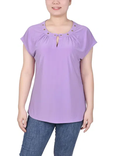 Ny Collection Petite Grommet Neck Knit Short Extended Sleeve Top In Regal Orchid