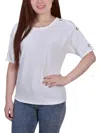 Ny Collection Plus Size Short Sleeve Honeycomb Textured Grommet Top In White