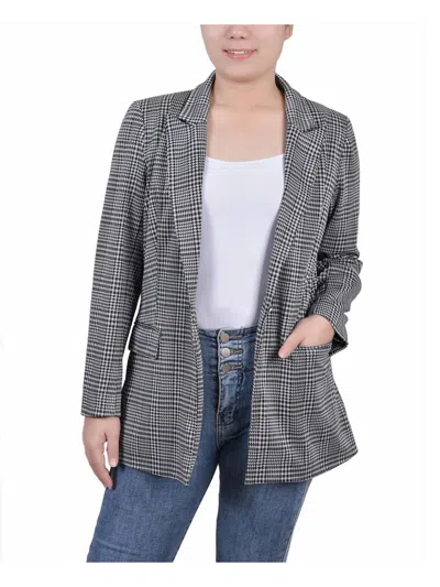 Ny Collection Petites Womens Houndstooth Business One-button Blazer In Grey