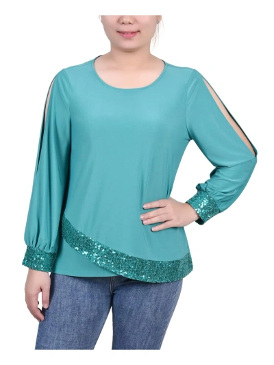 Ny Collection Petites Womens Jersey Embellished Pullover Top In Green