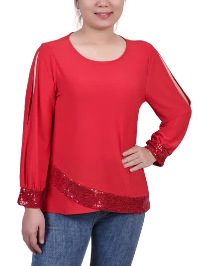 Ny Collection Petites Womens Jersey Embellished Pullover Top In Red