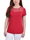 Ny Collection Plus Size Short Sleeve Crepe Knit With Mesh Yoke With Stone Details Top In Multi