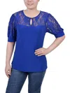 Ny Collection Petite Size Short Puff Sleeve Top With Lace Sleeves And Yoke In Blue
