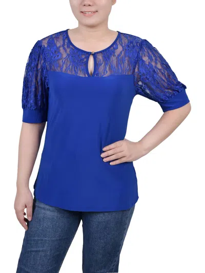 Ny Collection Petites Womens Keyhole Lace Trim Blouse In Blue