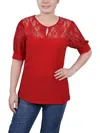 Ny Collection Petite Size Short Puff Sleeve Top With Lace Sleeves And Yoke In Multi