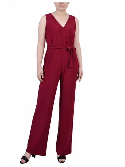 Ny Collection Petites Womens Knit Polka Dot Jumpsuit In Red