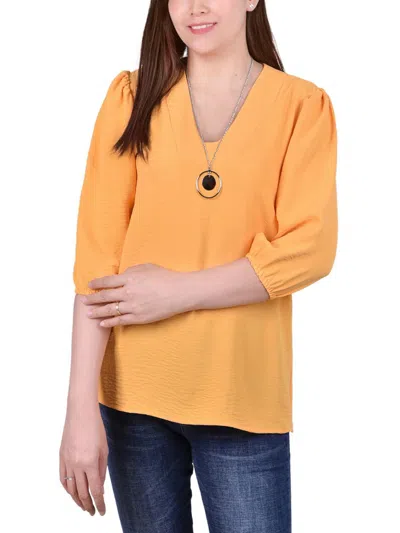 Ny Collection Petites Womens Knit V-neck Blouse In Gold