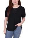 Ny Collection Petite Size Short Puff Sleeve Top With Lace In Black