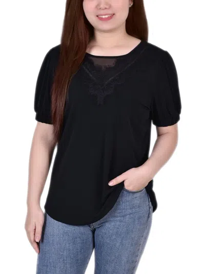 Ny Collection Petite Size Short Puff Sleeve Top With Lace In Black