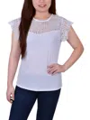 Ny Collection Petite Size Crepe Knit Top With Lace Flanged Sleeve And Yoke In Purple