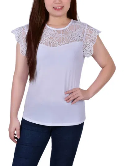 Ny Collection Petite Size Crepe Knit Top With Lace Flanged Sleeve And Yoke In White