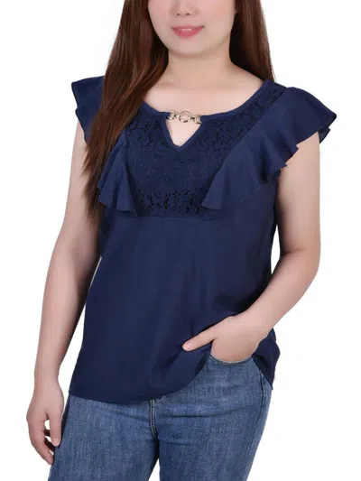Ny Collection Petites Womens Lace-yoke Sleeveless Blouse In Blue
