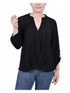 Ny Collection Petite 3/4 Sleeve Mandarin Collar Blouse With Front Pleats In Black