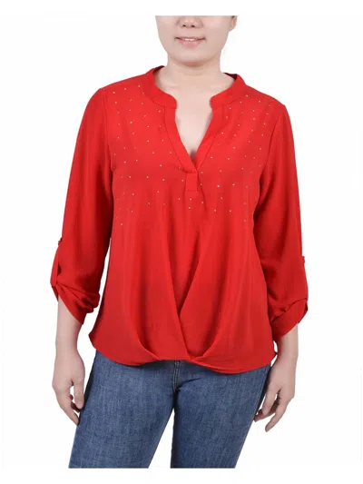 Ny Collection Petites Womens Mandarin Collar Adjustable Sleeve Blouse In Molten Lava Red