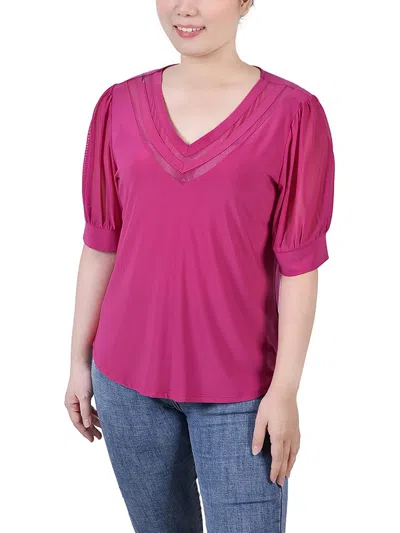 Ny Collection Petites Womens Mesh Inset V-neck Blouse In Multi