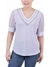 Ny Collection Petite Size Short Puff Sleeve V-neck Top In Purple