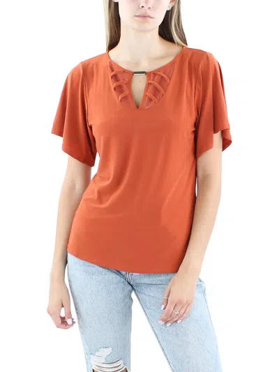 Ny Collection Petites Womens Mesh Neck Flutter Sleee Blouse In Red