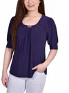 Ny Collection Women's Short Balloon Sleeve Top With Hardware In Purple