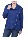 NY COLLECTION PETITES WOMENS OVERLAP COWL NECK BUTTON-UP