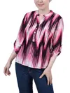 Ny Collection Petite 3/4 Roll Tab Sleeve Printed Pintuck Top In Pink
