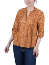Ny Collection Petite 3/4 Roll Tab Sleeve Printed Pintuck Top In Yellow