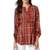 Ny Collection Plus Size Long Sleeve Roll Tab Sleeve Plaid Y-neck Top In Red