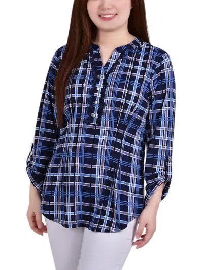 Ny Collection Petites Womens Plaid Polyester Blouse In Blue