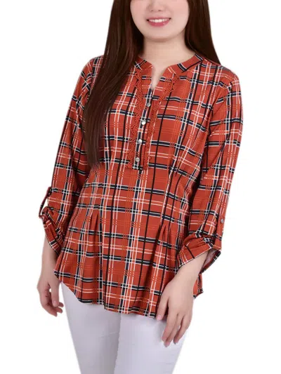 Ny Collection Petites Womens Plaid Polyester Blouse In Red