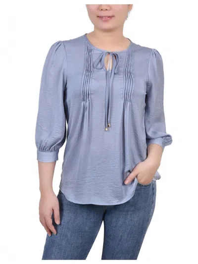 Ny Collection Petites Womens Pleated Front V-neck Blouse In Blue