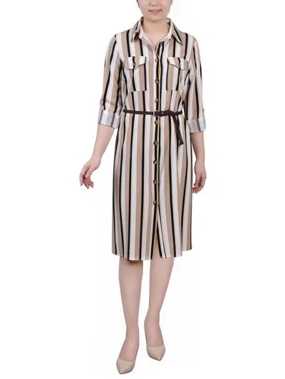 Ny Collection Petite 3/4 Roll Tab Sleeve Shirtdress In Ivory Navy Sun Multi Stripe