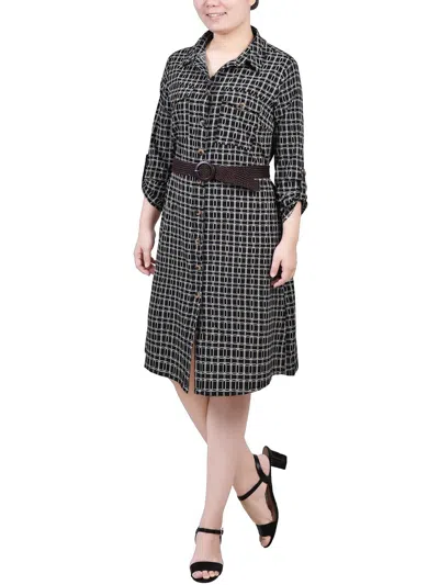 Ny Collection Petites Womens Pocket Shirtdress In Black